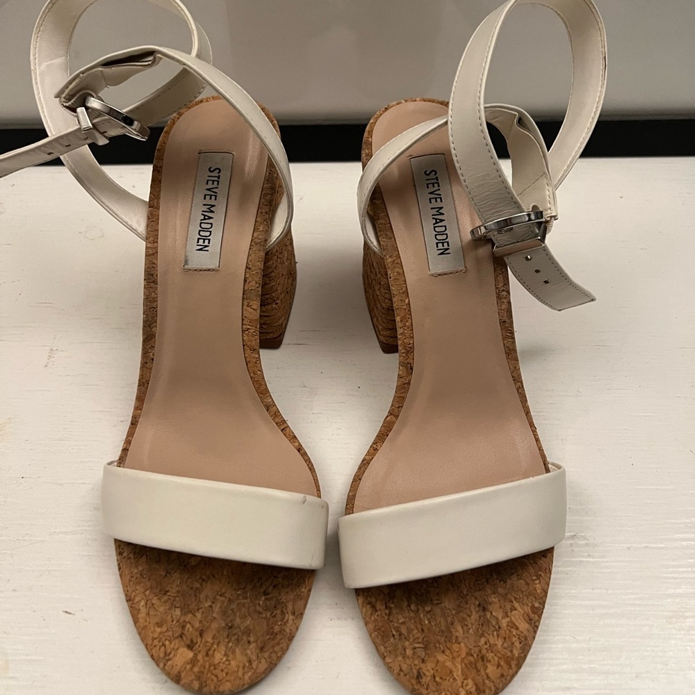Steve Madden White Cork Heel Sandals